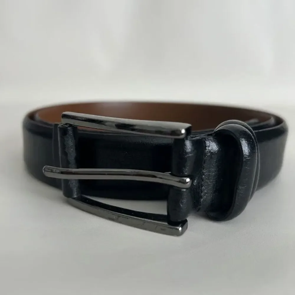 Genuine Italian Leather Belt Mens 38 Black Handmade Dress Gunmetal Buckle Italy